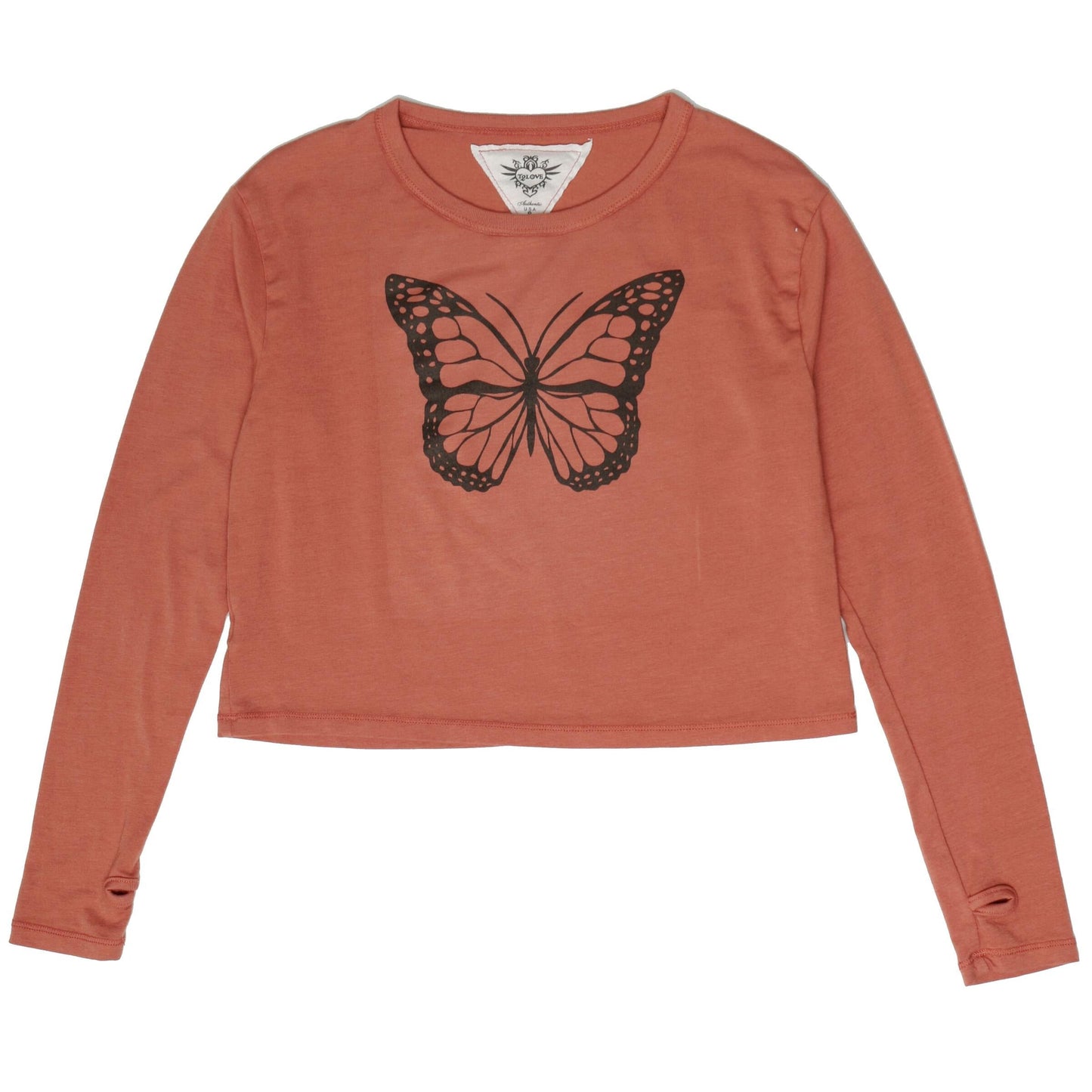 Long-Sleeved Boxy Tee with Thumbholes (Butterfly Print)