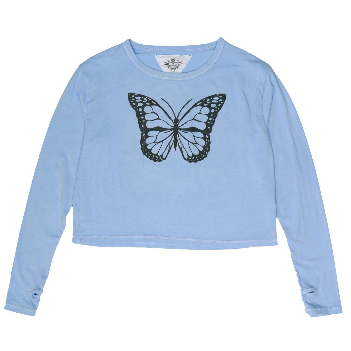 Long-Sleeved Boxy Tee with Thumbholes (Butterfly Print)