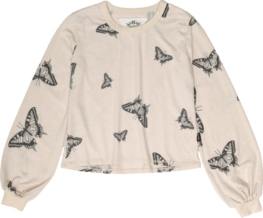 Puffy Long-Sleeve Crewneck Shirt (Butterflies Pattern)