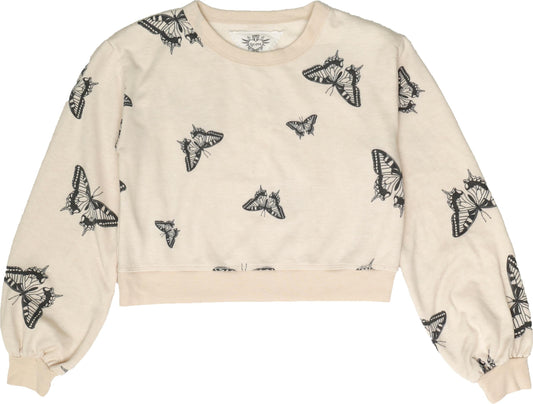 Puffed Long-Sleeved Crew Top (Butterflies Pattern)