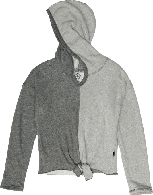 Front-Tie Hooded Pullover (Split-Contrast)