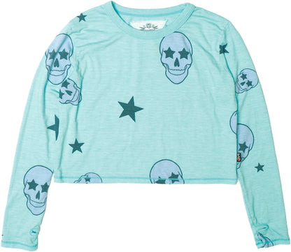 Long-Sleeved Boxy Tee with Thumbholes (Pink Skulls Pattern)