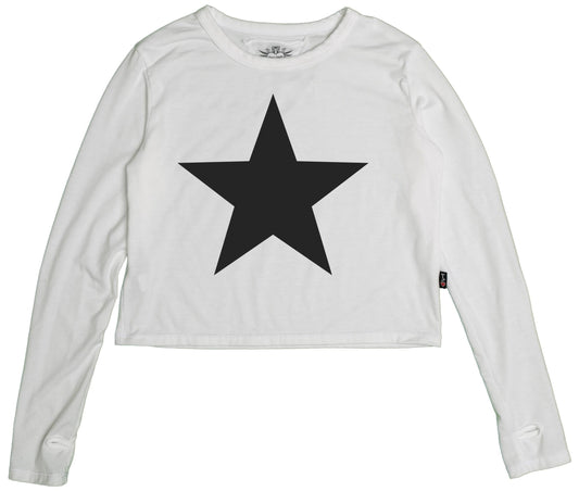 Long-Sleeved Boxy Tee with Thumbholes (Black Star Print)