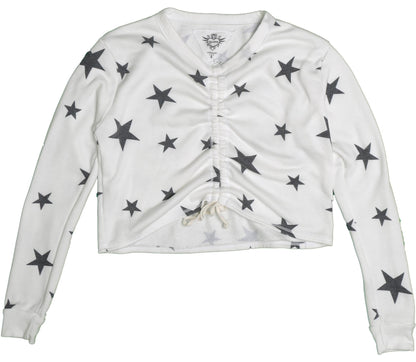 Gather-Front Long-Sleeved Shirt (Charcoal Stars Pattern)