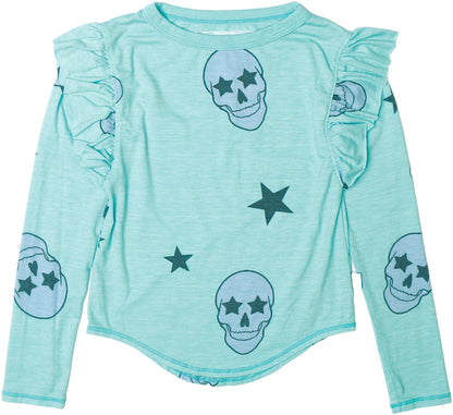 Ruffle-Shoulder Long-Sleeved Shirt (Pink Skulls Pattern)
