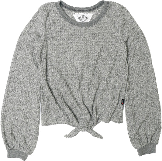 Grey Thermal Puffed Long-Sleeved Tie-Front Top