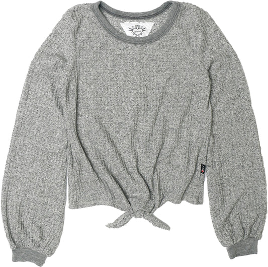 Puffed Long-Sleeved Tie-Front Top (Grey Thermal)