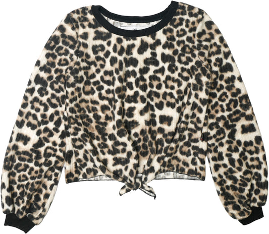 Leopard Print Puffed Long-Sleeved Tie-Front Top
