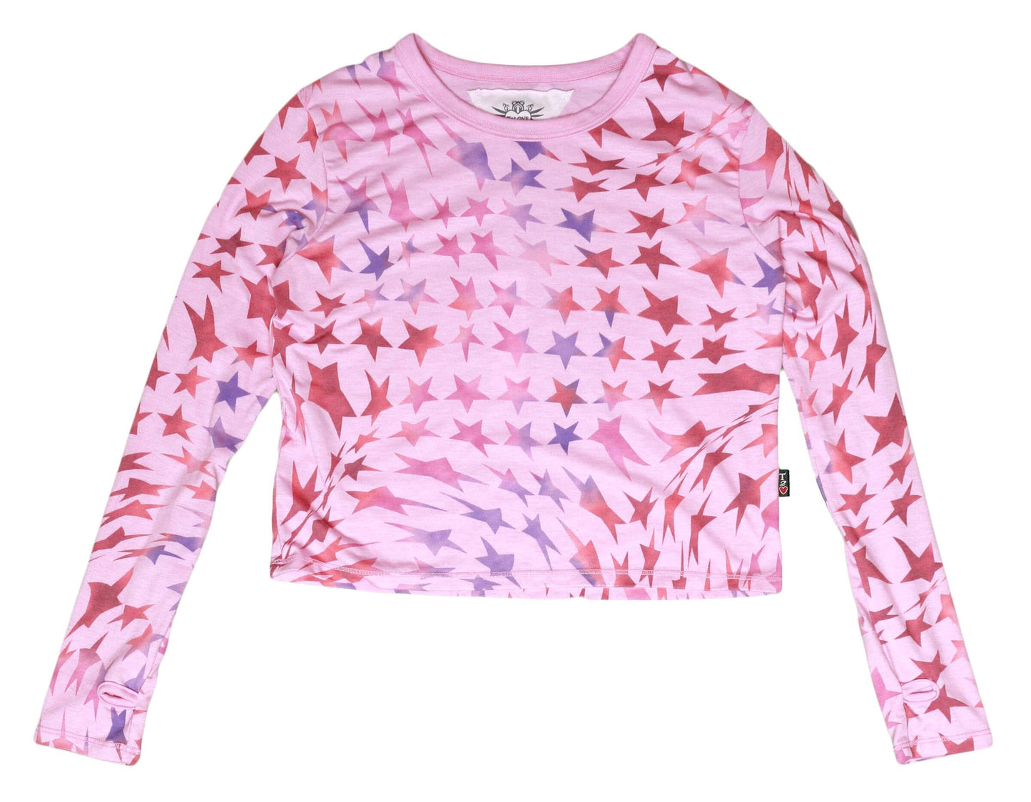 Long-Sleeved Boxy Tee with Thumbholes (Psychedelic Stars Pattern)