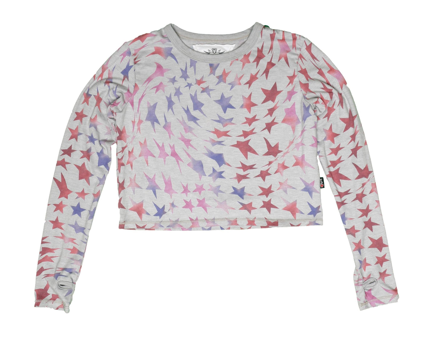 Long-Sleeved Boxy Tee with Thumbholes (Psychedelic Stars Pattern)