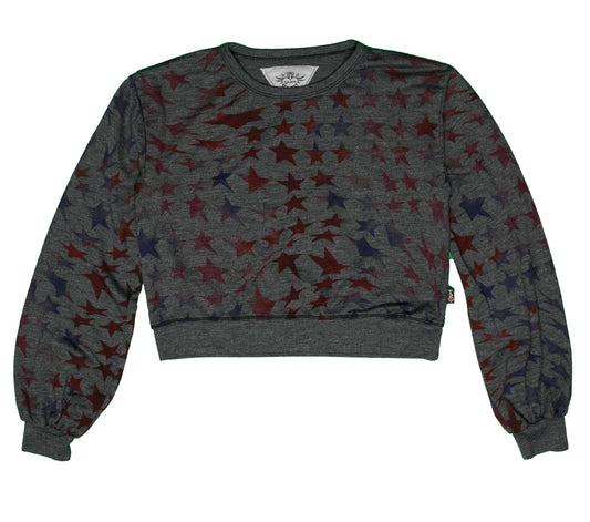 Puffed Long-Sleeved Crew Top (Psychedelic Stars Pattern)