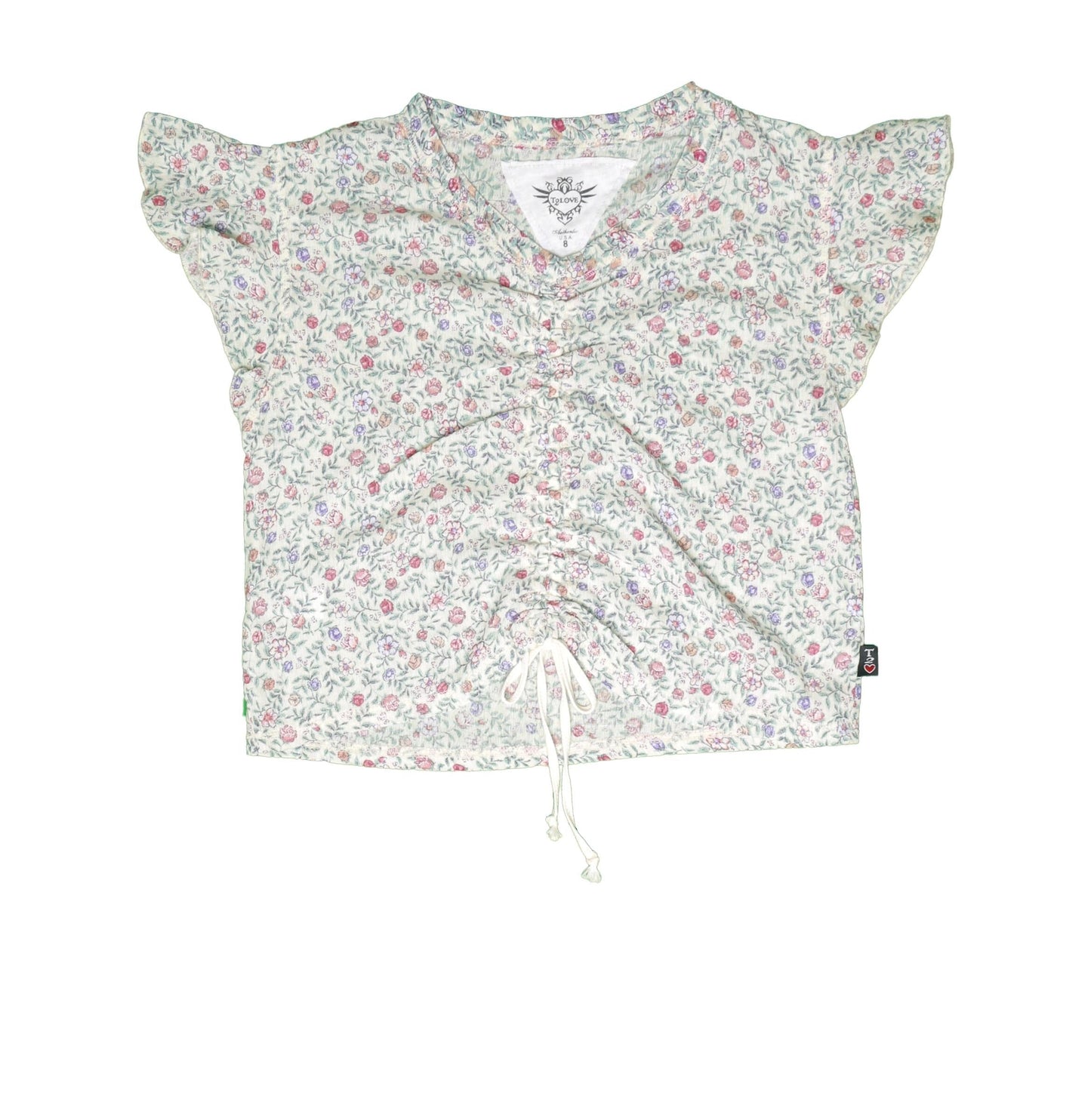 Ruffle Short-Sleeve Gather-Front Top (Sage Floral Pattern)