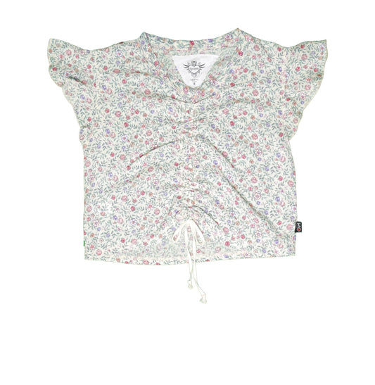 Ruffle Short-Sleeve Gather-Front Top (Sage Floral Pattern)