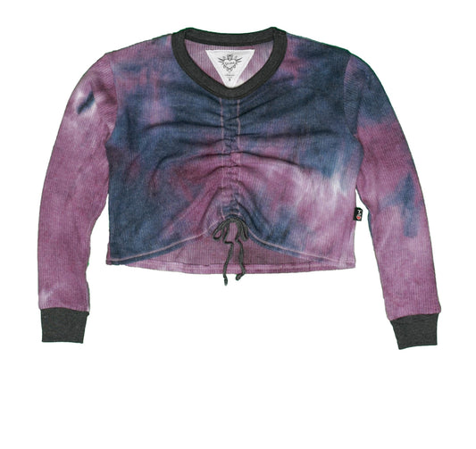 Gather-Front Long-Sleeved Shirt (Navy-Purple Tie-Dye)