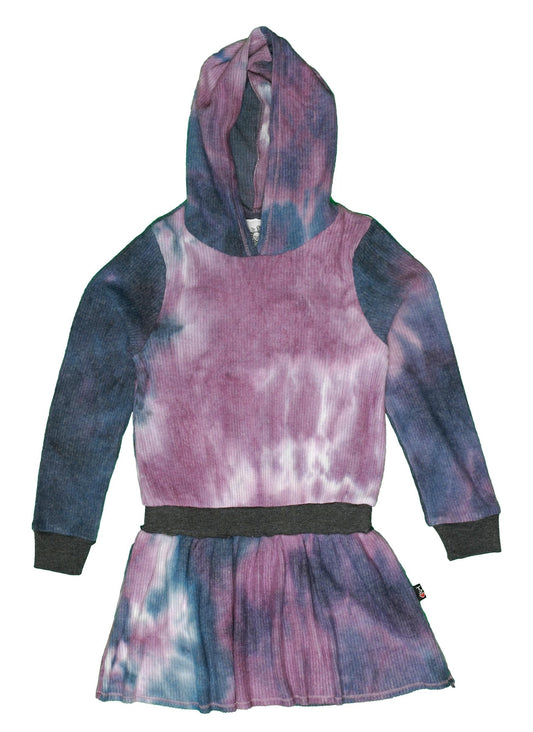 Hooded Long-Sleeved Dress (Navy-Purple Tie-Dye)