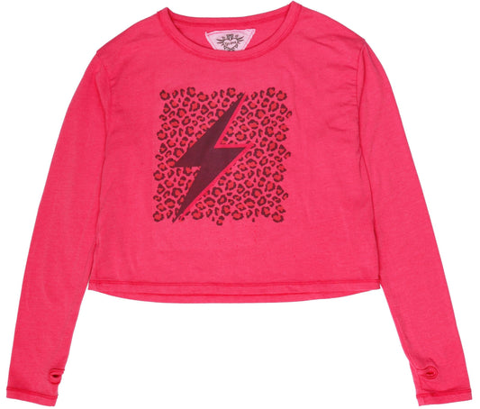 Long-Sleeved Boxy Tee with Thumbholes (Leopard Bolt Print)