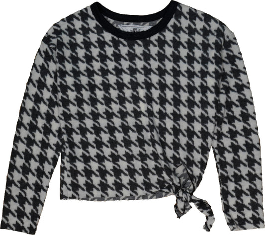 Side-Knot Crewneck Long-Sleeve Top (Houndstooth Pattern)