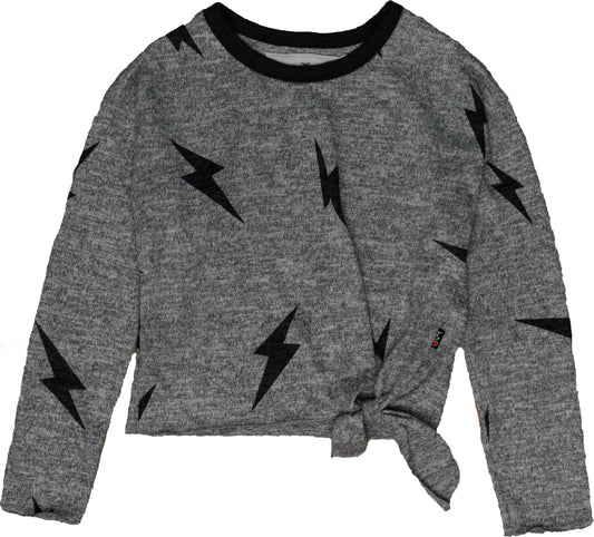 Side-Knot Crewneck Long-Sleeve Top (Lightning Bolt Pattern)