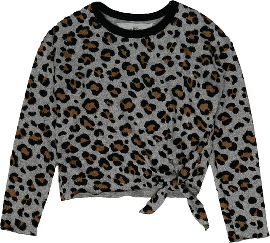 Side-Knot Crewneck Long-Sleeve Top (Leopard Print)