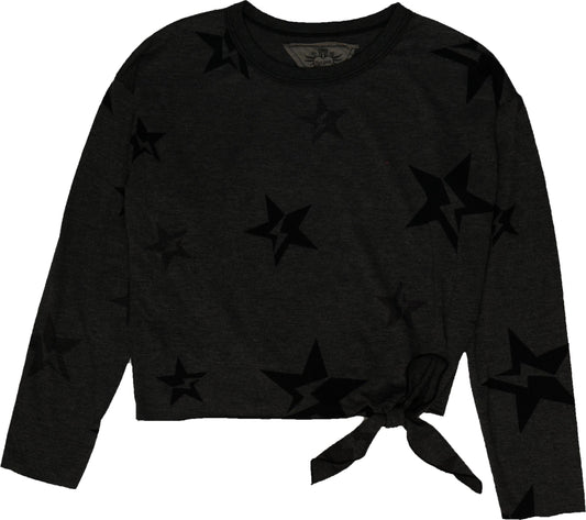 Side-Knot Crewneck Long-Sleeve Top (Star Bolt Pattern)