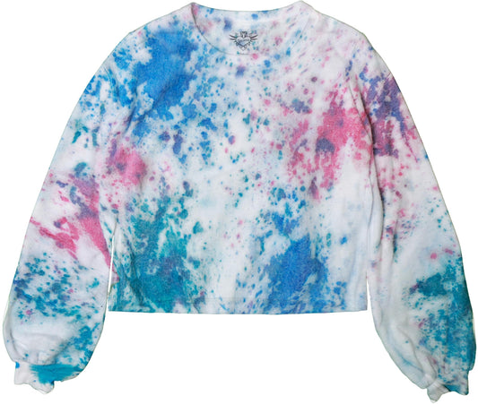 Puffy Long-Sleeve Crewneck Shirt (Multi-Splatter Tie-Dye)