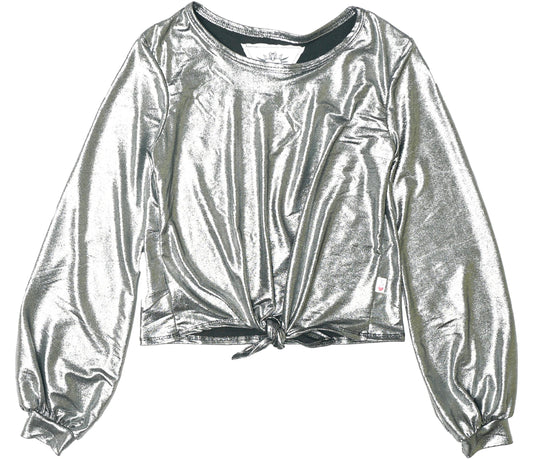 Metallic Puffed Long-Sleeved Tie-Front Top