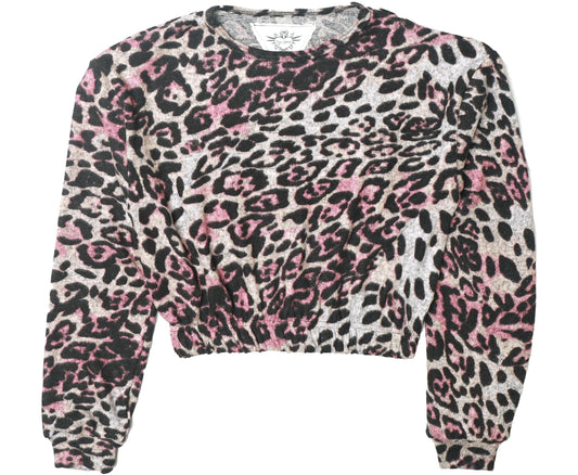 Cropped Elastic-Waisted Long-Sleeved Crew Top (Leopard Print)