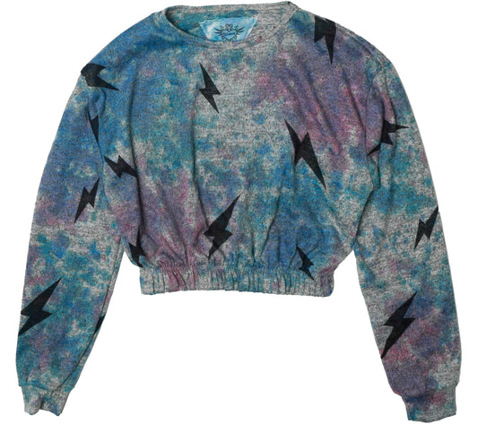 Cropped Elastic-Waisted Long-Sleeved Crew Top (Tie-Dye Black Bolt)