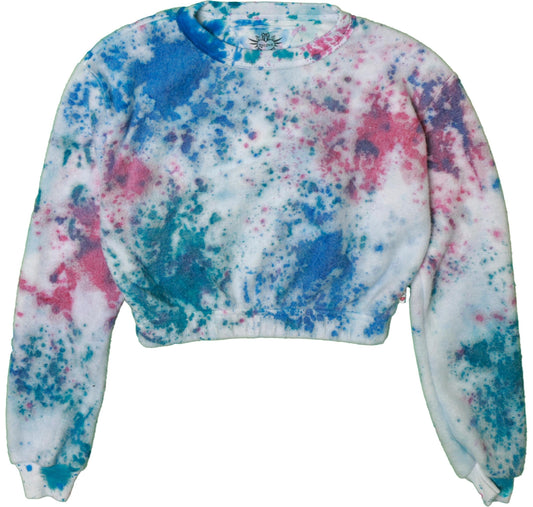 Cropped Elastic-Waisted Long-Sleeved Crew Top (Reversed-Fabric Multi-Splatter Tie-Dye)