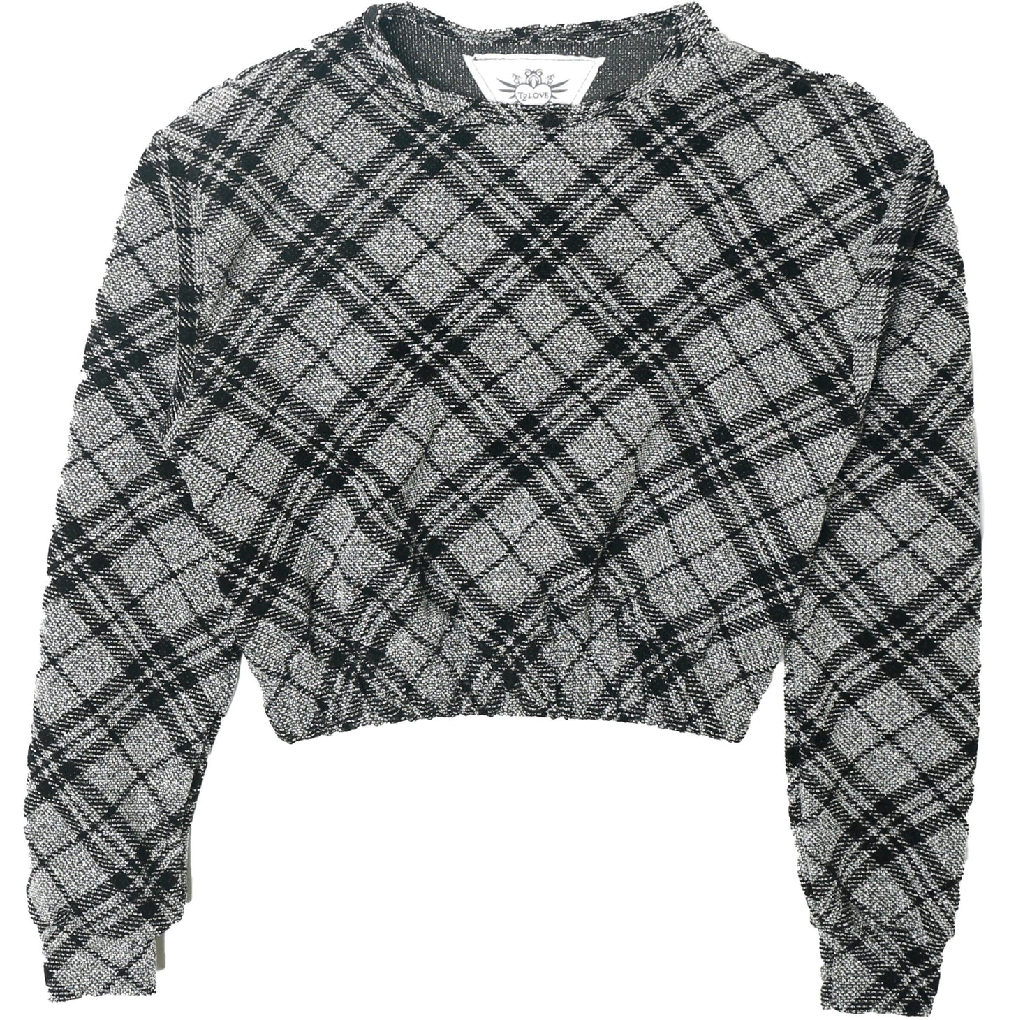 Cropped Elastic-Waisted Long-Sleeved Crew Top (Tartan Plaid)