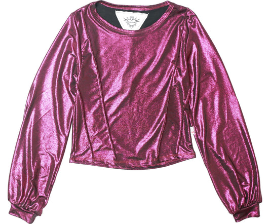 Metallic Puffed Long-Sleeved Pullover with Seamed Bodice