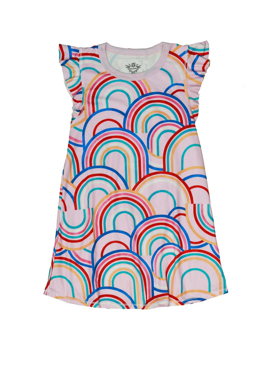 Ruffle-Sleeve Short Dress (Multi-Rainbow Pattern)