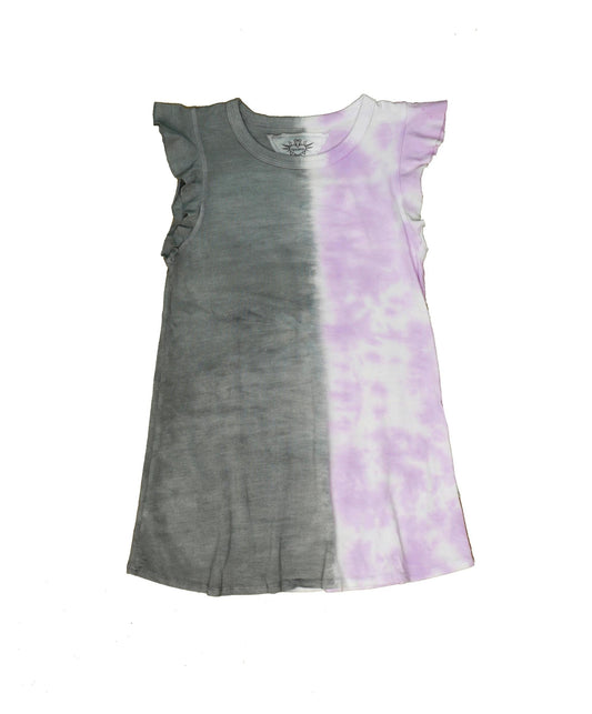 Ruffle-Sleeve Short Dress (Grey-Lilac Split Tie-Dye)